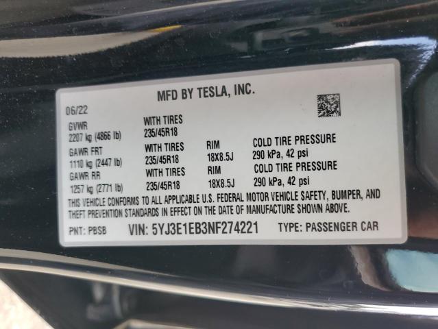 2022 TESLA MODEL 3 - 5YJ3E1EB3NF274221