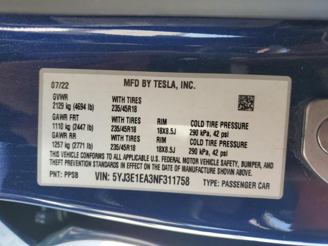 2022 TESLA MODEL 3 - 5YJ3E1EA3NF311758