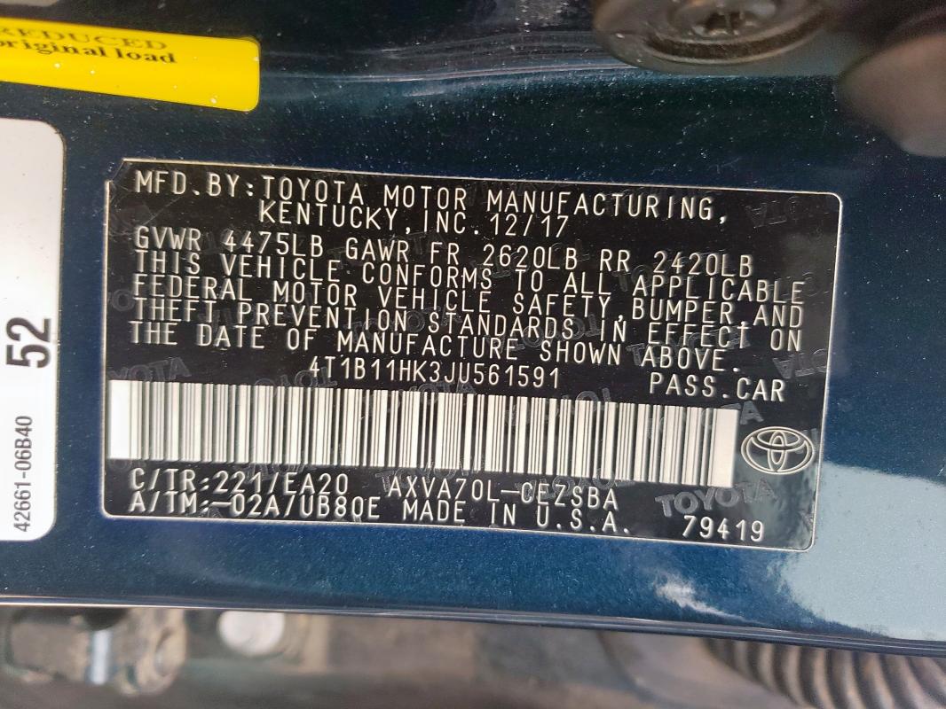 2018 TOYOTA CAMRY L - 4T1B11HK3JU561591