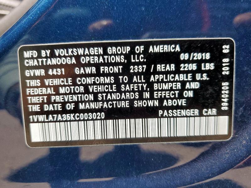 2019 VOLKSWAGEN PASSAT WOL - 1VWLA7A35KC003020