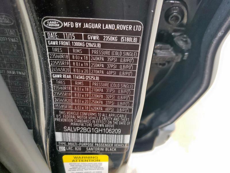 2016 LAND ROVER RANGE ROVE - SALVP2BG1GH106209