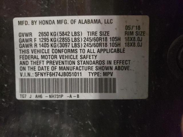 2018 HONDA PILOT EXLN 5FNYF6H74JB051011