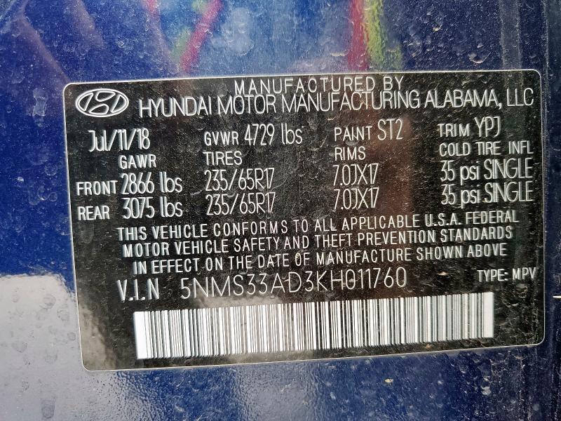 2019 HYUNDAI SANTA FE - 5NMS33AD3KH011760