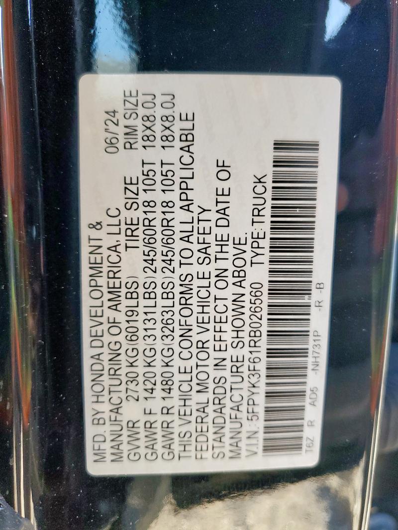 2024 HONDA RIDGELINE 5FPYK3F61RB026560