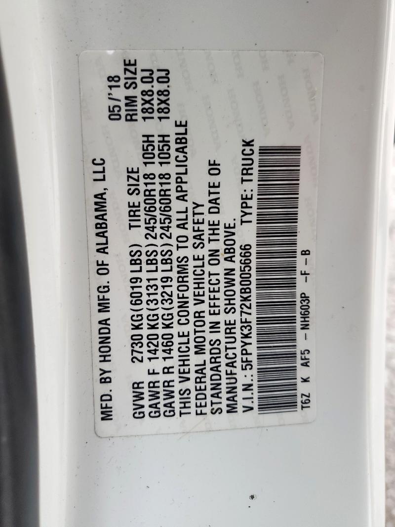 2019 HONDA RIDGELINE 5FPYK3F72KB005666