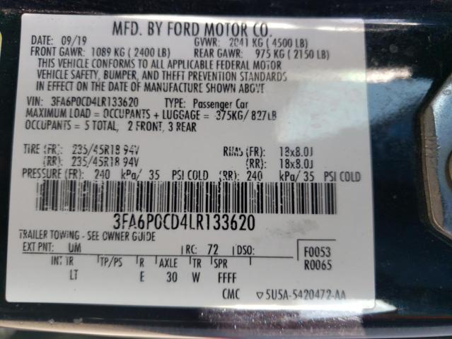2020 FORD FUSION SEL - 3FA6P0CD4LR133620