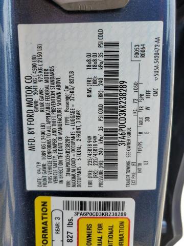 2019 FORD FUSION SEL - 3FA6P0CD3KR238289
