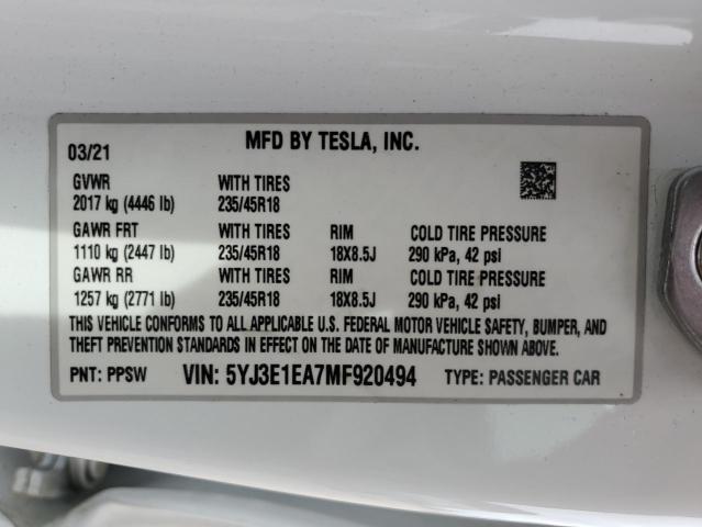 2021 TESLA MODEL 3 - 5YJ3E1EA7MF920494
