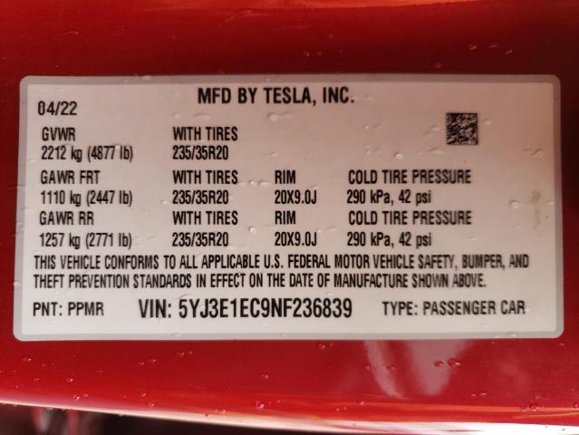 2022 TESLA MODEL 3 - 5YJ3E1EC9NF236839