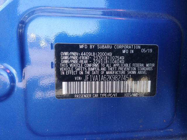2019 SUBARU WRX JF1VA1A62K9827451