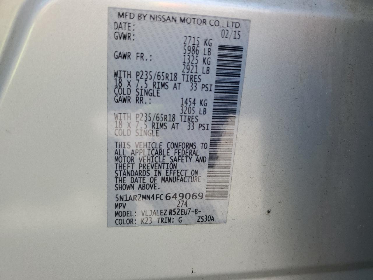 Lot #3308325157 2015 NISSAN PATHFINDER