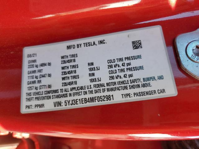 2021 TESLA MODEL 3 5YJ3E1EB4MF052981