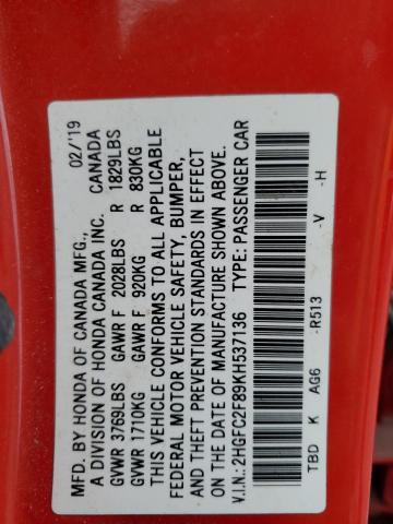 2019 HONDA CIVIC SPORT 2HGFC2F89KH537136