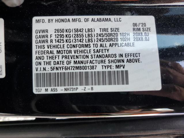 2021 HONDA PILOT BLAC 5FNYF6H72MB001387