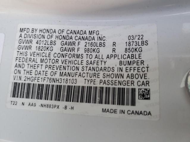 2hgfe1f76nh318103 - 2022 Honda civic ex - #51964855
