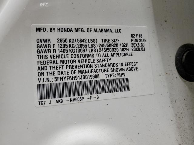 2018 HONDA PILOT TOUR 5FNYF6H91JB019988
