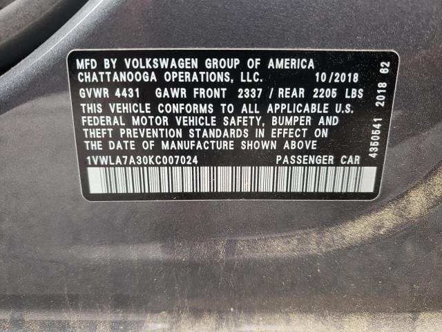 2019 VOLKSWAGEN PASSAT WOL 1VWLA7A30KC007024