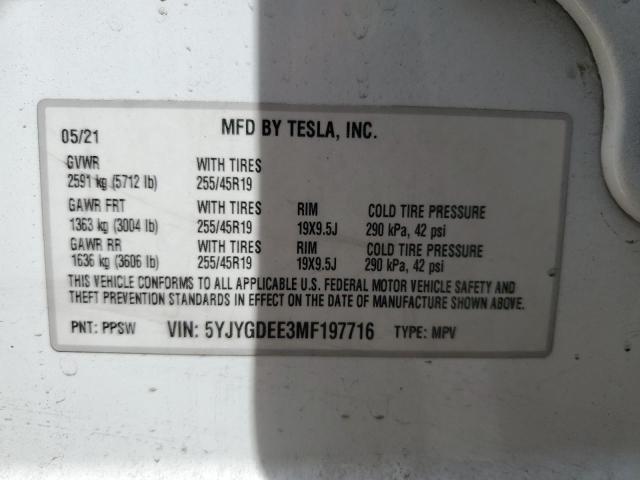 2021 TESLA MODEL Y 5YJYGDEE3MF197716