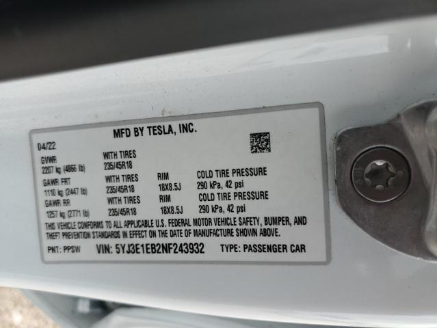 2022 TESLA MODEL 3 - 5YJ3E1EB2NF243932