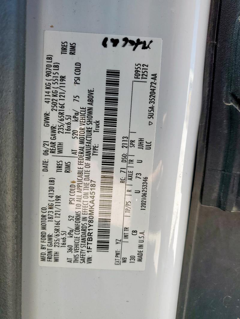 2021 FORD TRANSIT T- - 1FTBR1Y80MKA45187