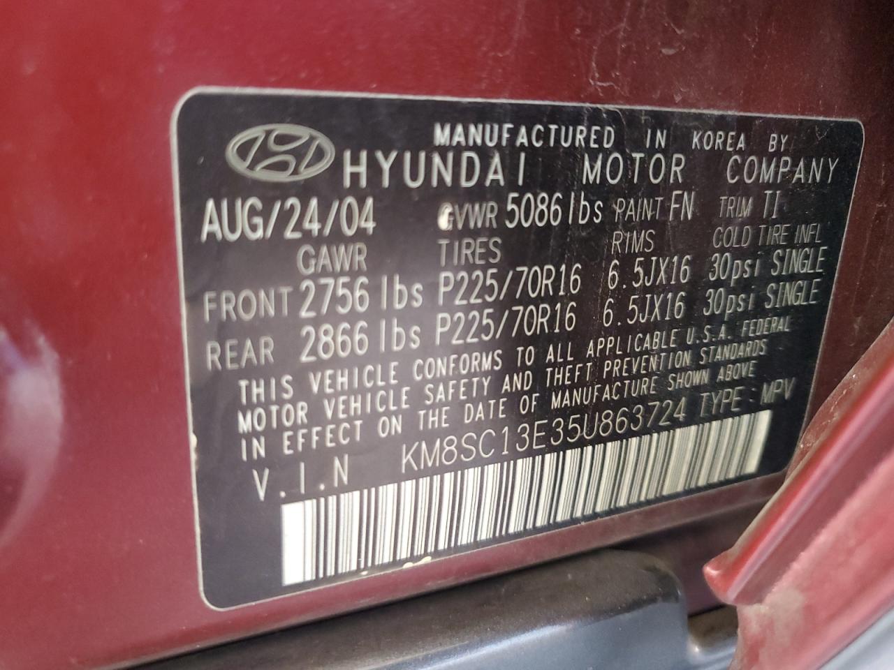 Lot #3179104031 2005 HYUNDAI SANTA FE G