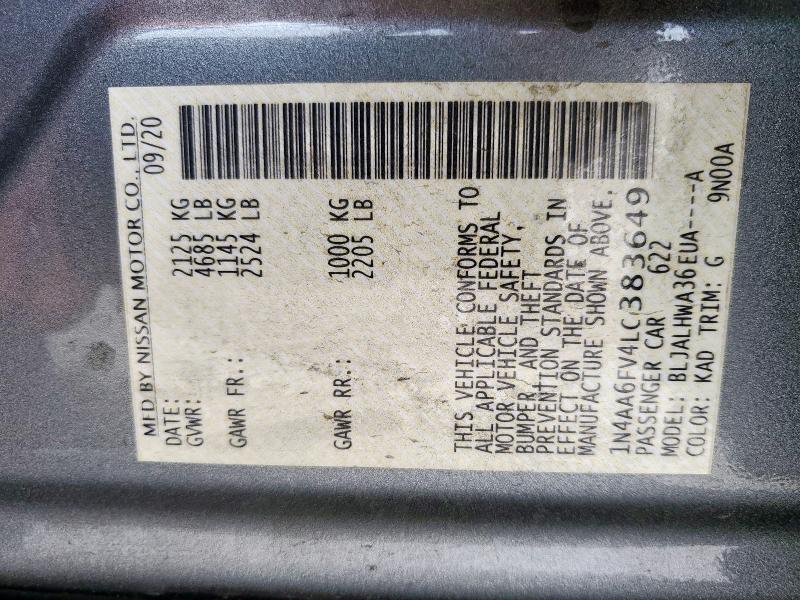 2020 NISSAN MAXIMA PLA 1N4AA6FV4LC383649
