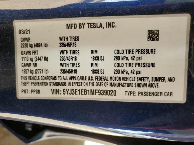 2021 TESLA MODEL 3 - 5YJ3E1EB1MF939020