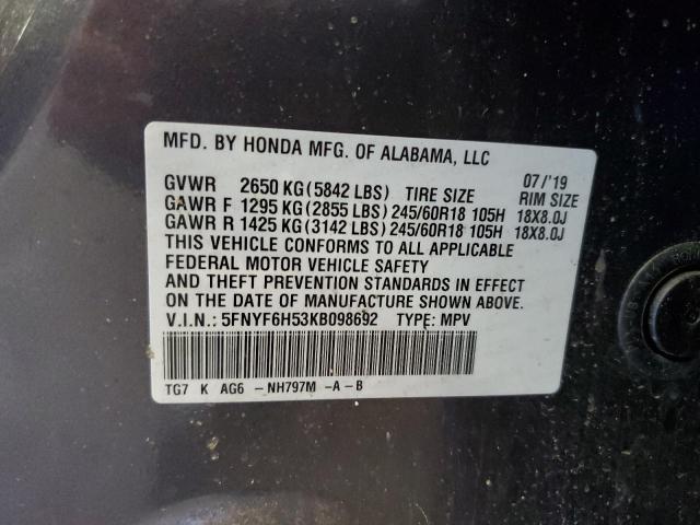 2019 HONDA PILOT EXL - 5FNYF6H53KB098692