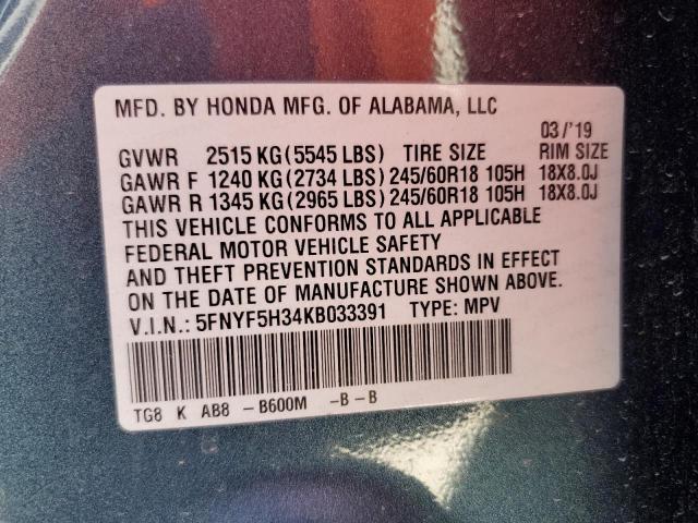 2019 HONDA PILOT EX 5FNYF5H34KB033391