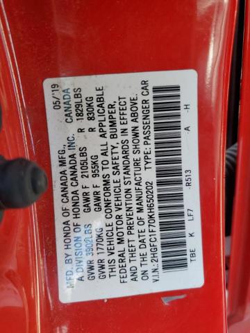2019 HONDA CIVIC EXL 2HGFC1F70KH650202