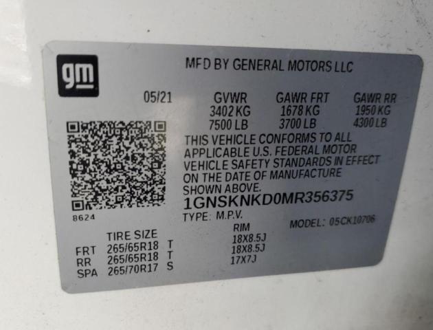 2021 CHEVROLET TAHOE K150 1GNSKNKD0MR356375