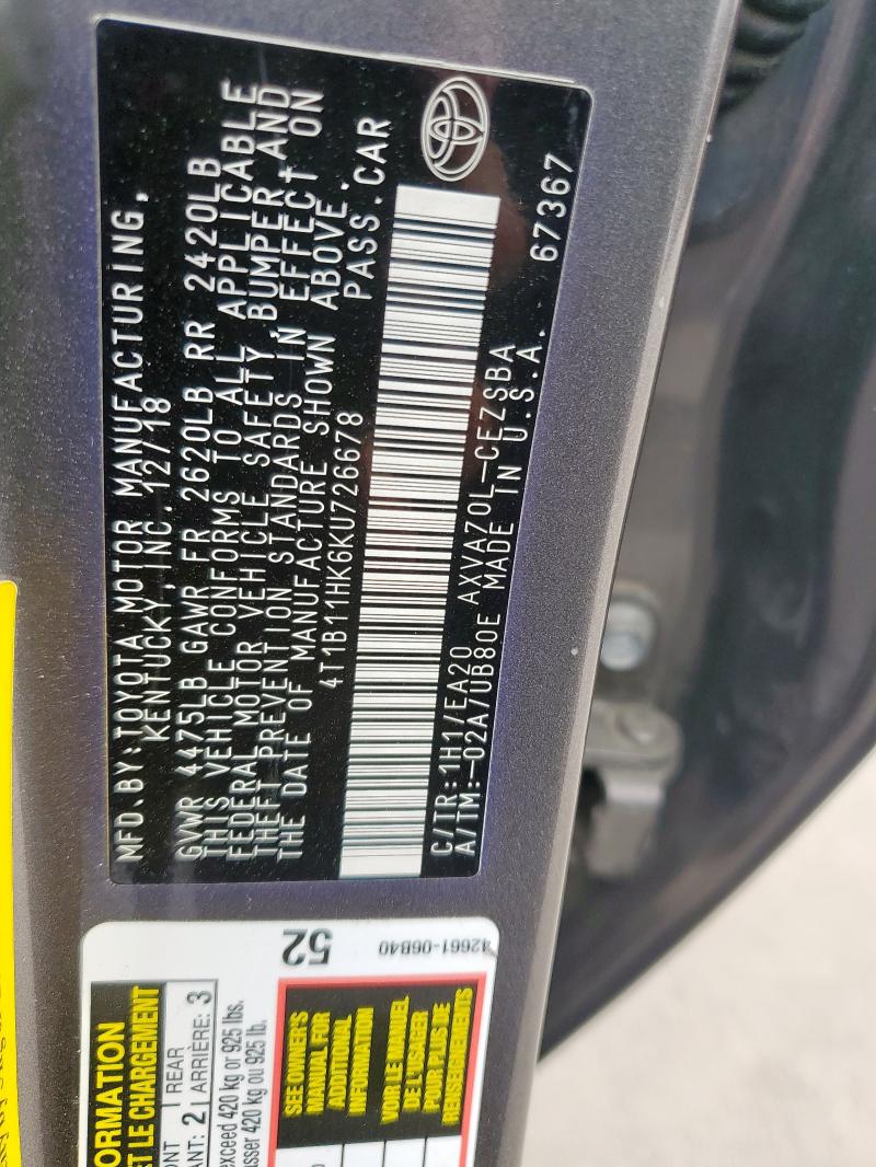 2019 TOYOTA CAMRY L - 4T1B11HK6KU726678