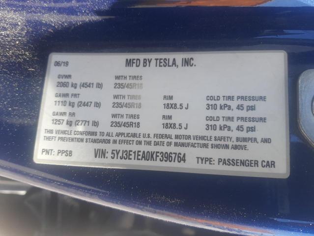 2019 TESLA MODEL 3 5YJ3E1EA0KF396764