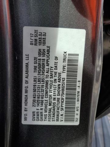 2017 HONDA RIDGELINE 5FPYK3F75HB025743