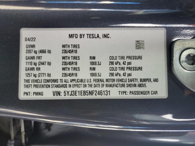 2022 TESLA MODEL 3 5YJ3E1EB5NF246131