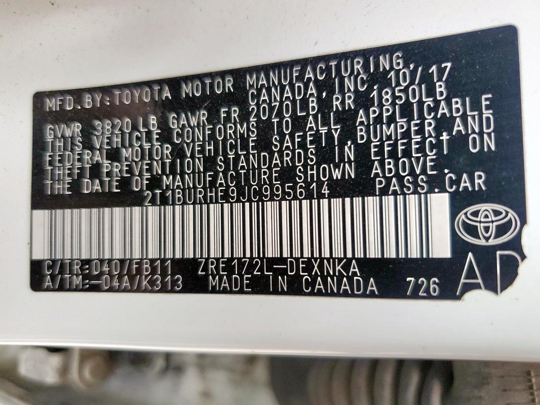 2018 TOYOTA COROLLA L - 2T1BURHE9JC995614