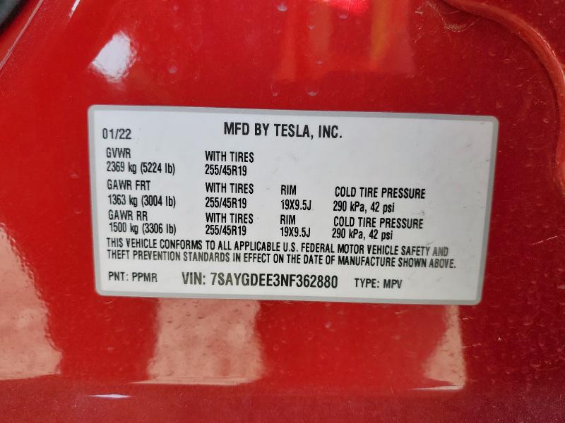 2022 TESLA MODEL Y - 7SAYGDEE3NF362880