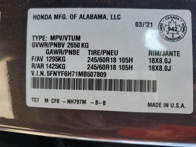 2021 HONDA PILOT BLAC 5FNYF6H71MB507809
