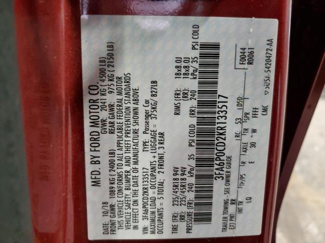 2019 FORD FUSION SEL - 3FA6P0CD2KR133517