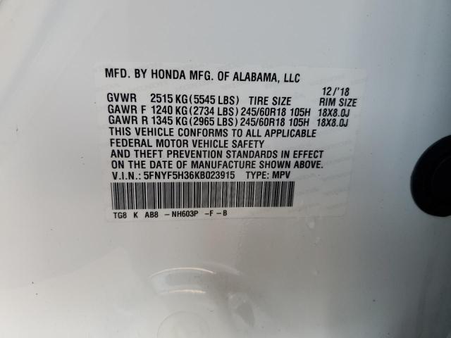 2019 HONDA PILOT EX 5FNYF5H36KB023915