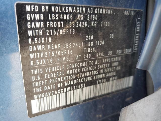 2017 VOLKSWAGEN TIGUAN S - WVGAV7AXXHW511651