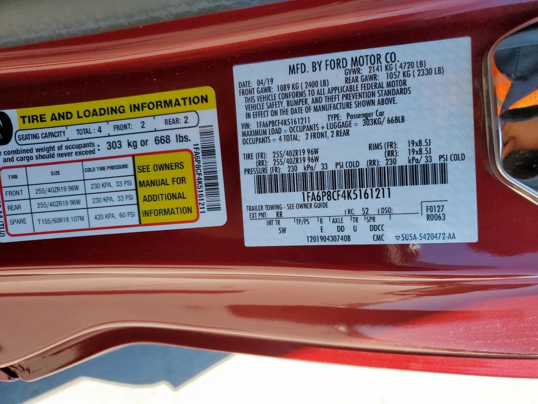 2019 FORD MUSTANG GT - 1FA6P8CF4K5161211