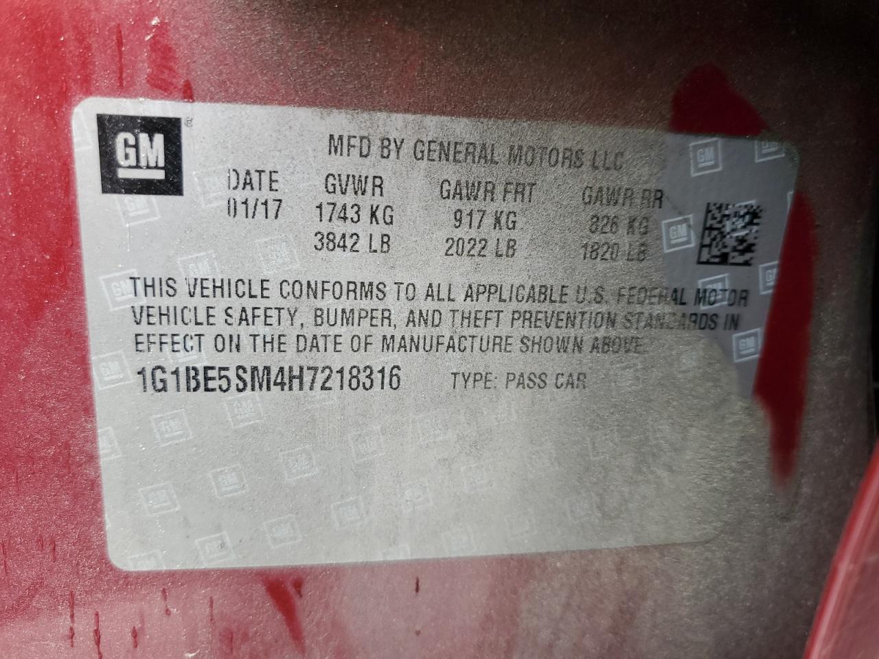 1G1BE5SM4H7218316 CHEVROLET CRUZE 2017