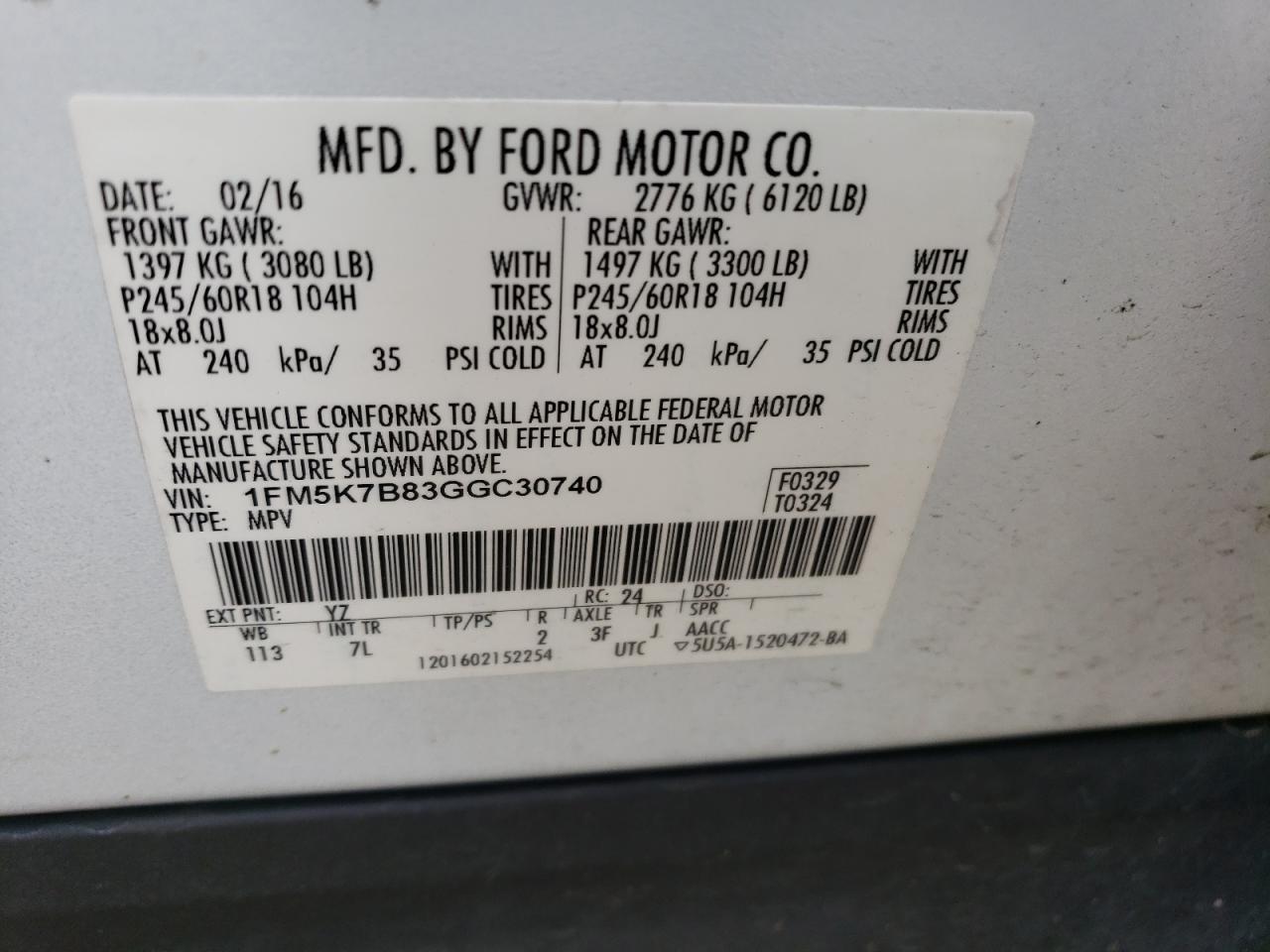 1FM5K7B83GGC30740 FORD EXPLORER 2016