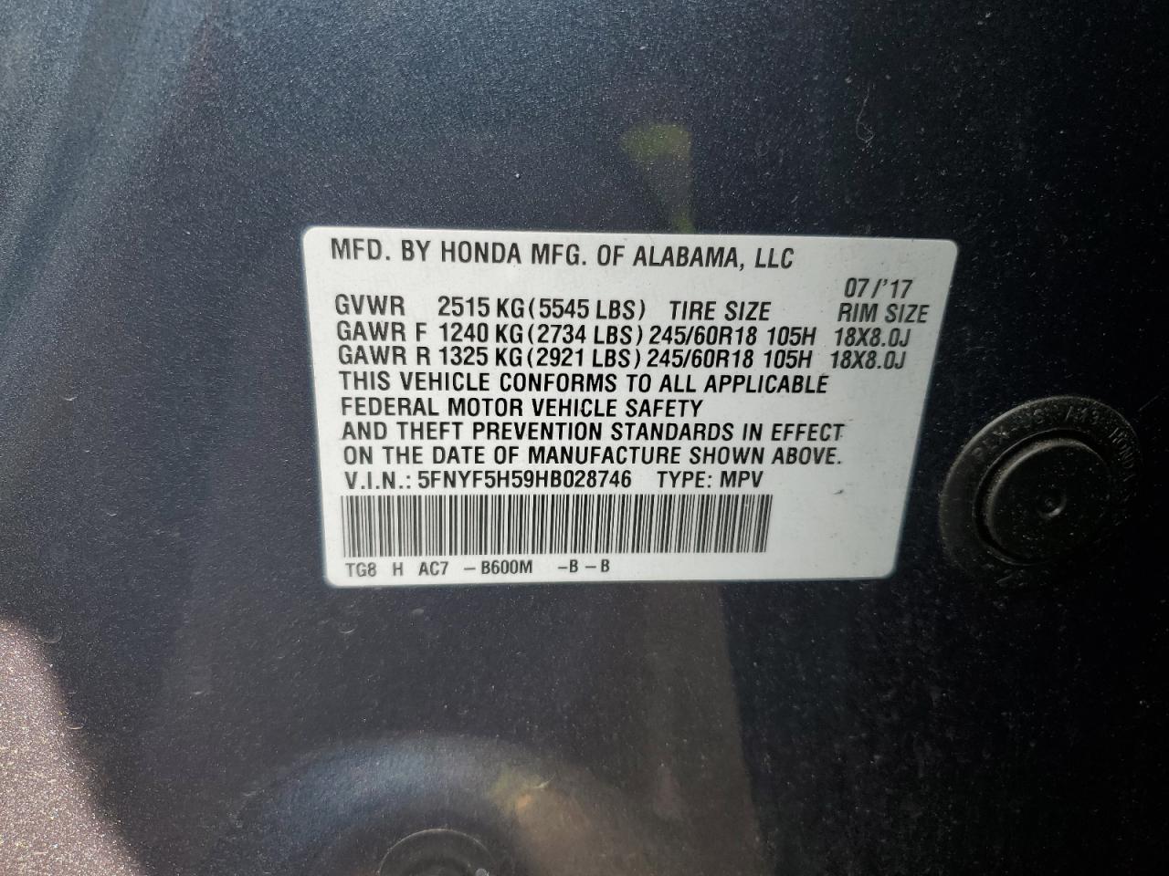 5FNYF5H59HB028746 HONDA PILOT 2017