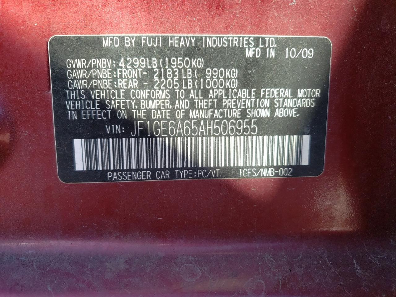 JF1GE6A65AH506955 2010 Subaru Impreza 2.5I