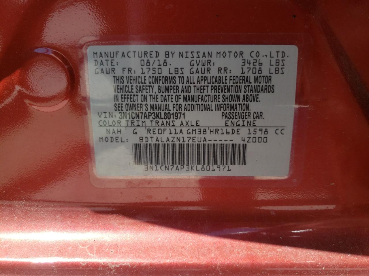 3N1CN7AP3KL801971 NISSAN VERSA 2019