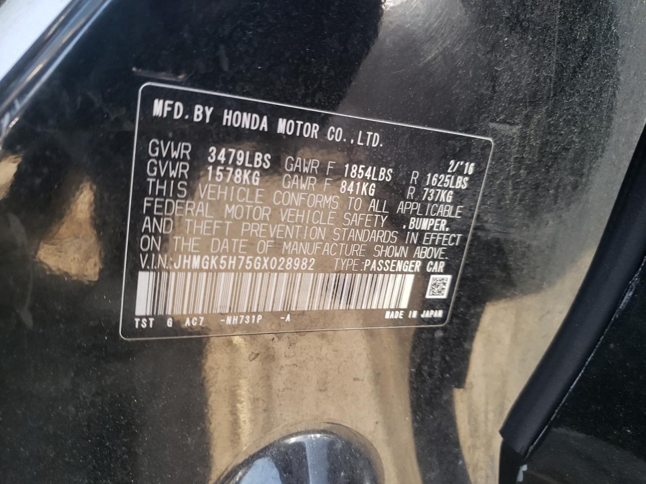 JHMGK5H75GX028982 HONDA FIT 2016