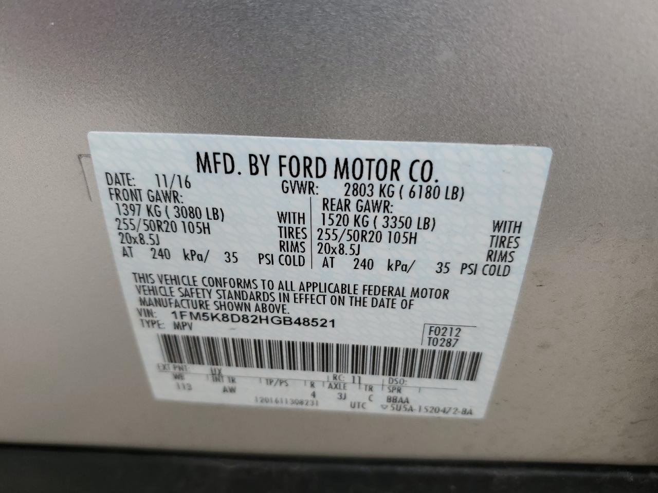 1FM5K8D82HGB48521 FORD EXPLORER 2017