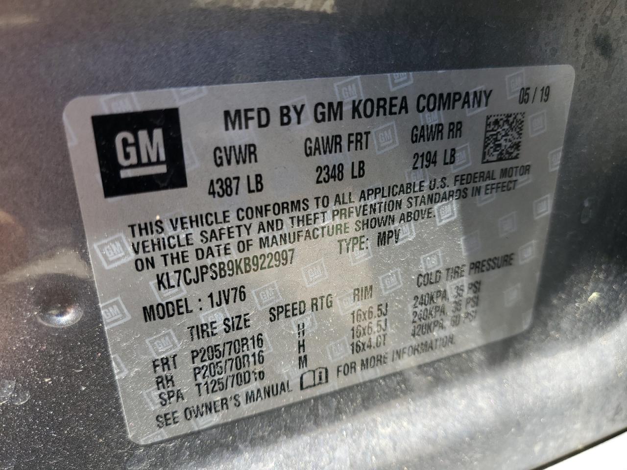 KL7CJPSB9KB922997 CHEVROLET TRAX 2019